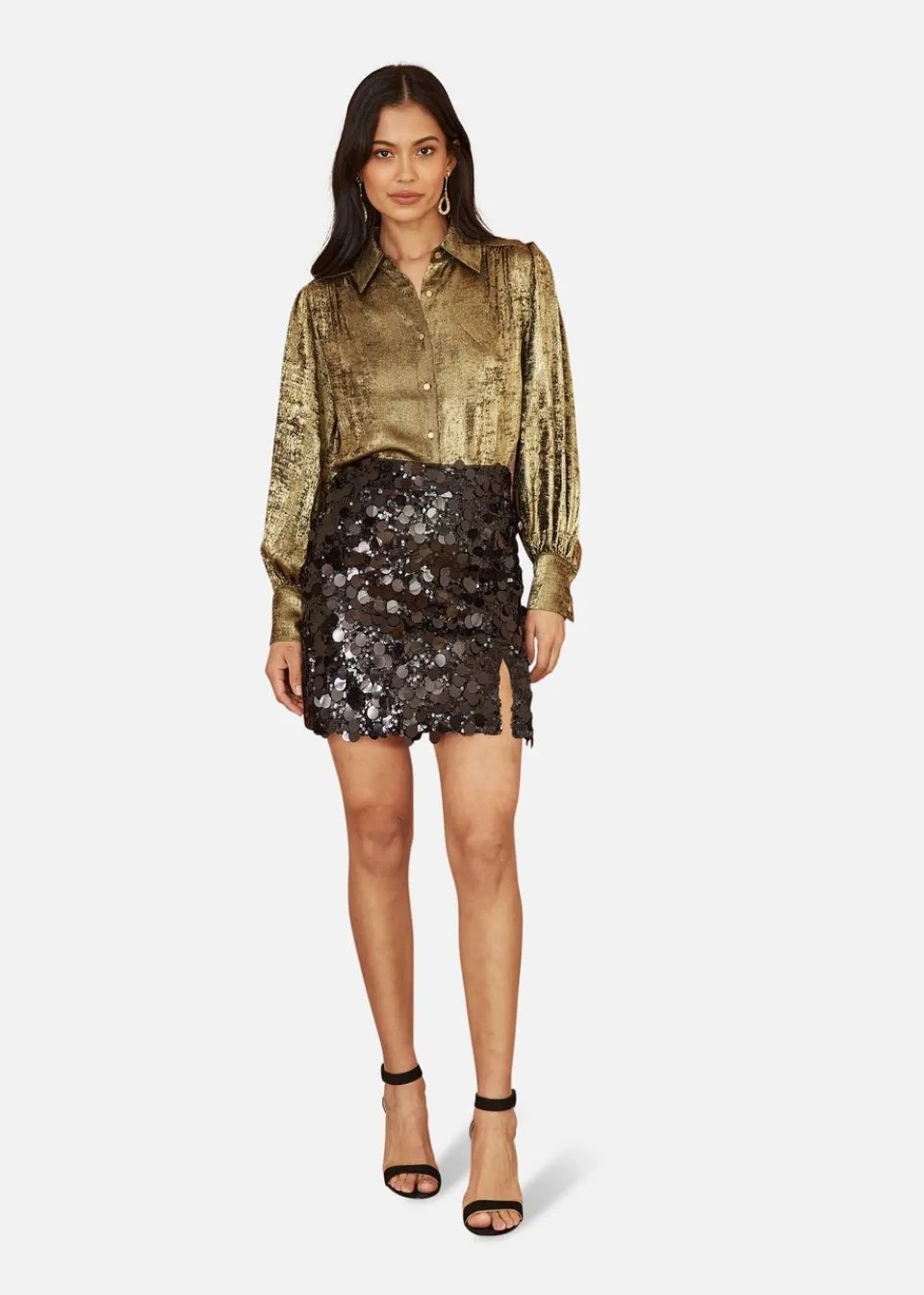 Tops>Yumi Gold Metallic Relaxed Balloon Sleeve Shirt