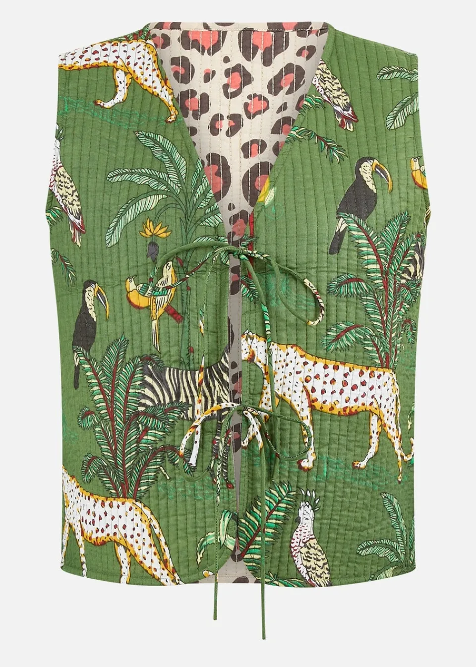 Tops>Yumi Green Animal Reversible Cotton Quilted Waistcoat