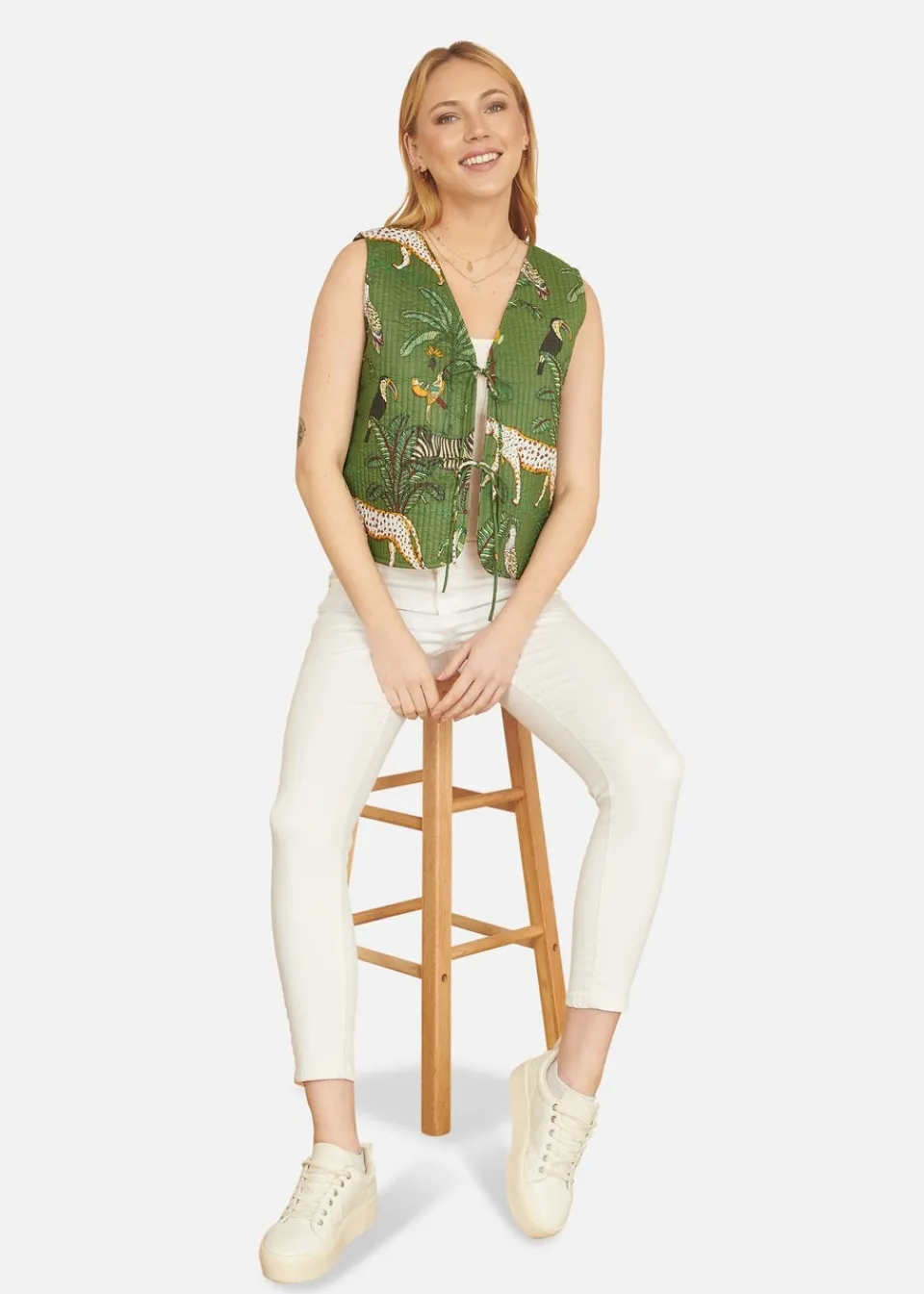 Tops>Yumi Green Animal Reversible Cotton Quilted Waistcoat