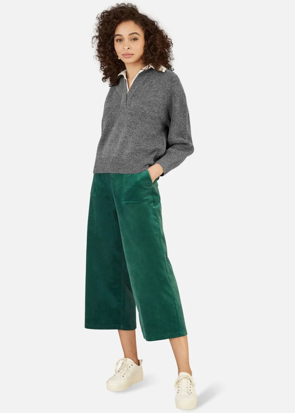 Trousers>Yumi Green Cord Cropped Wide Leg Trousers With Pockets