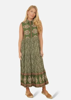 Dresses>Yumi Green Cotton Paisley Midi Sleeveless Shirt Dress