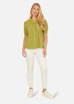 Blouses & Shirts>Yumi Green Cotton Pleated Short Sleeve Shirt