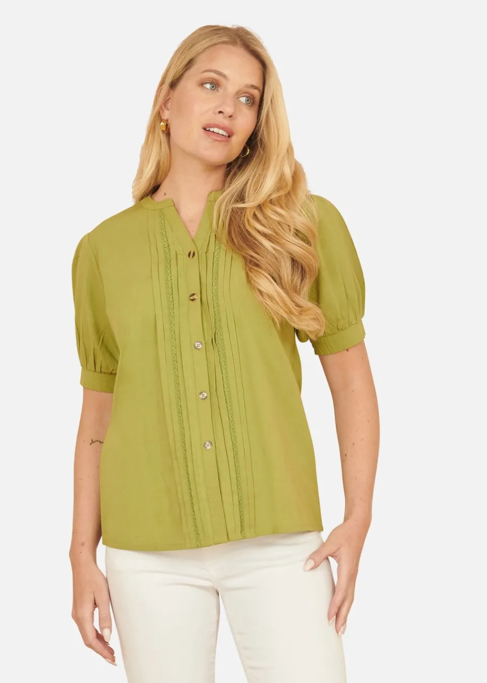 Blouses & Shirts>Yumi Green Cotton Pleated Short Sleeve Shirt