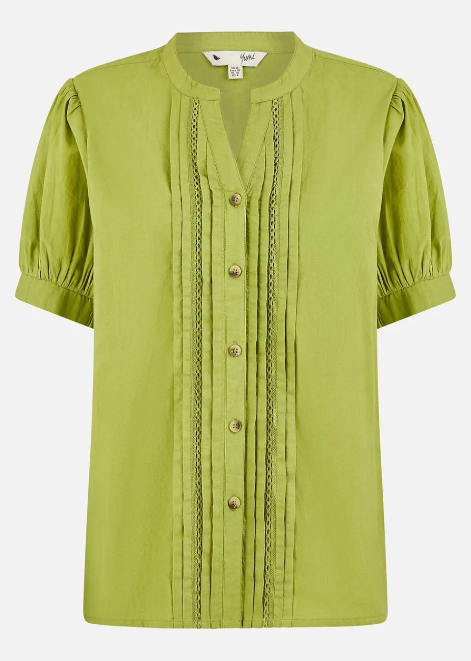 Blouses & Shirts>Yumi Green Cotton Pleated Short Sleeve Shirt