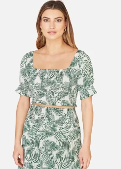 Tops>Yumi Green Cotton Voile Palm Leaf Ruched Crop Top