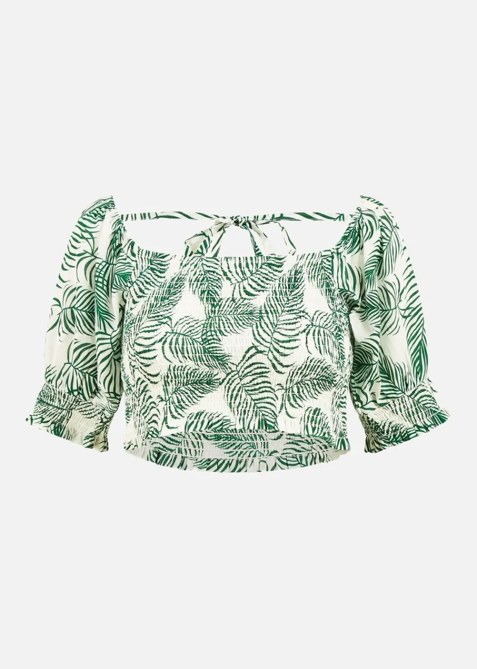 Tops>Yumi Green Cotton Voile Palm Leaf Ruched Crop Top