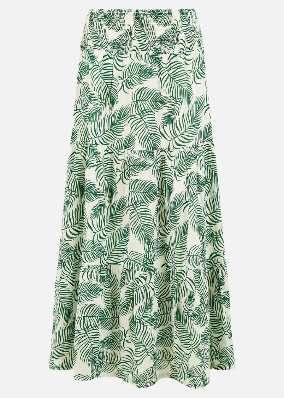 Skirts>Yumi Green Cotton Voile Palm Leaf Ruched Waist Midi Skirt