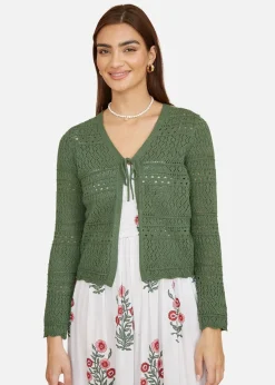 Tops>Yumi Crochet Tie Front Cardigan Green