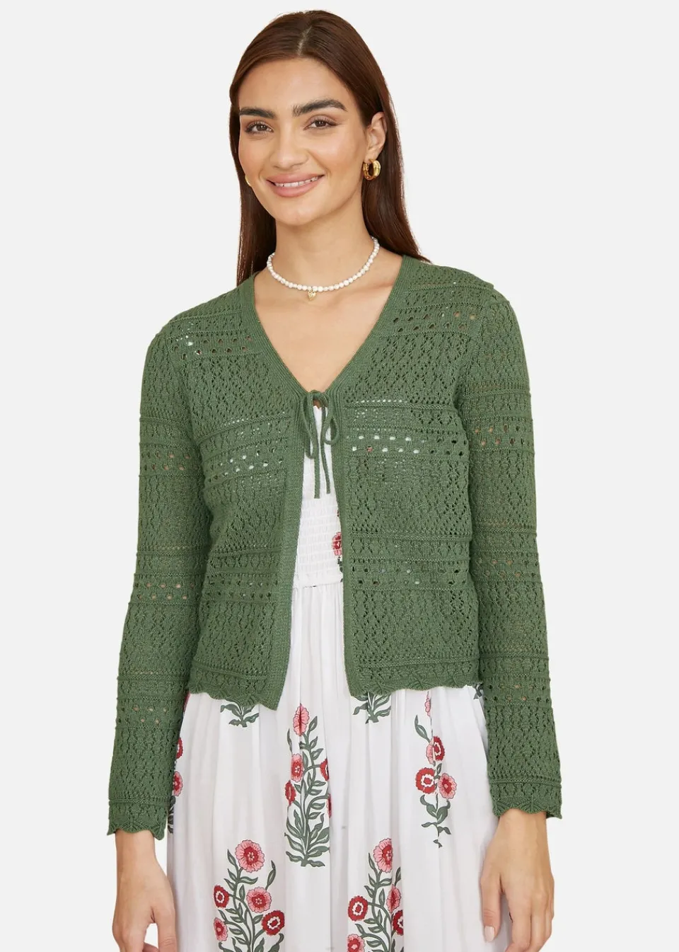 Tops>Yumi Crochet Tie Front Cardigan Green