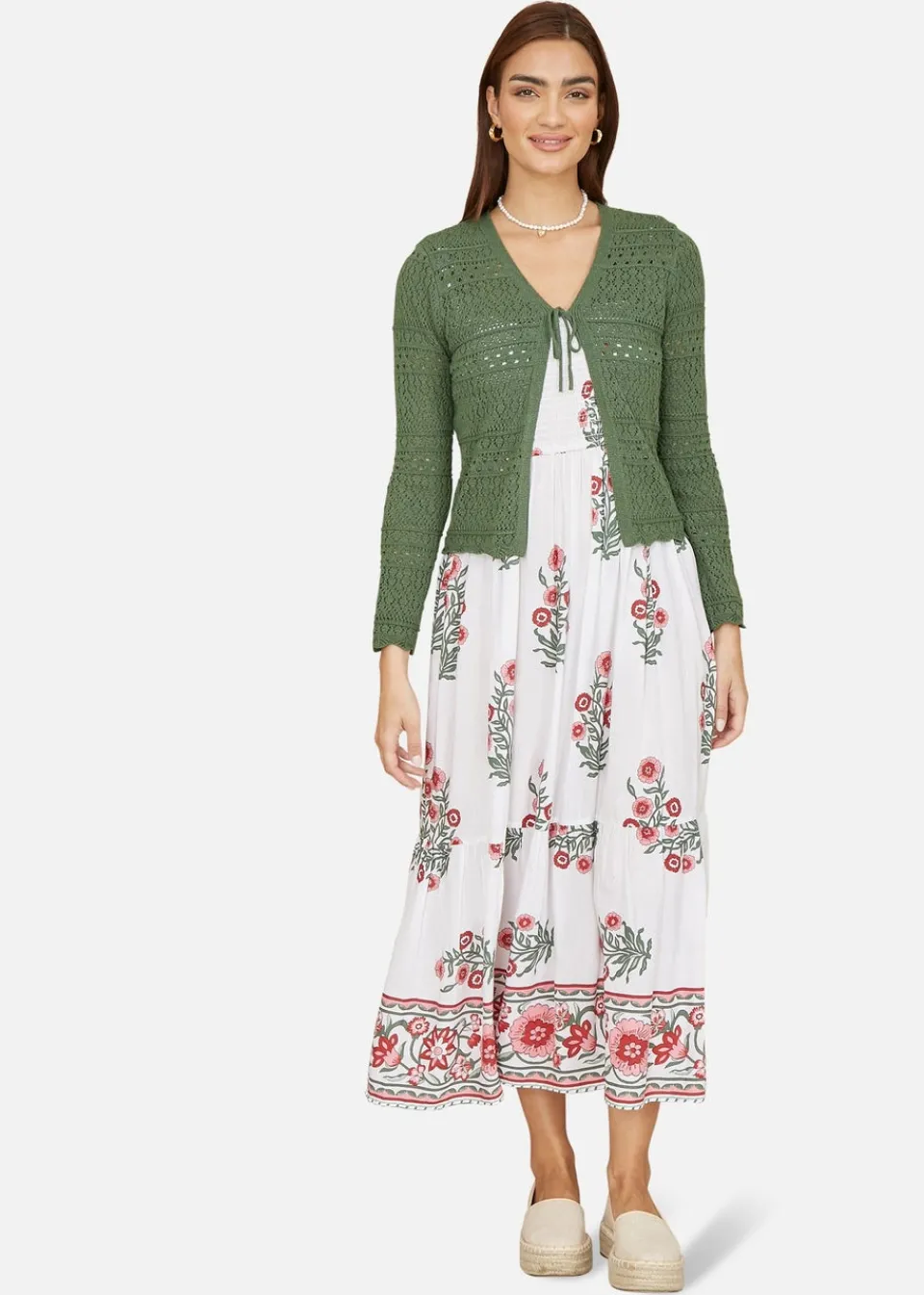 Tops>Yumi Crochet Tie Front Cardigan Green