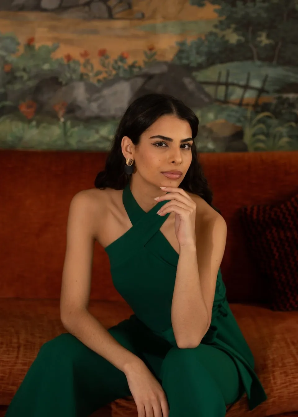 Jumpsuits & Playsuits>Yumi Green Cross Over Halter Neck Jumpsuit