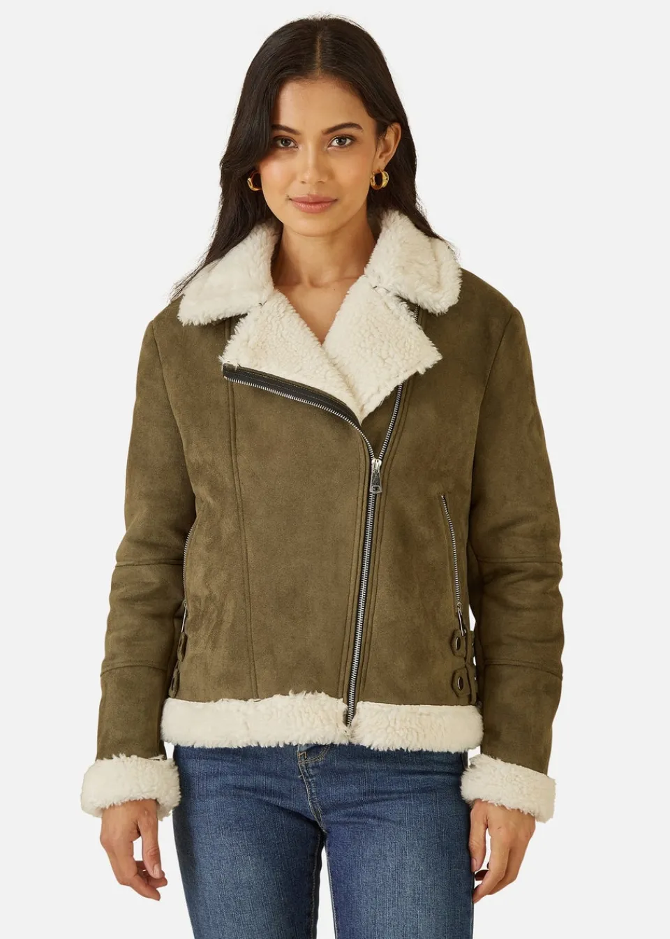 Coats & Jackets>Yumi Green Faux Suede & Shearling Biker Jacket