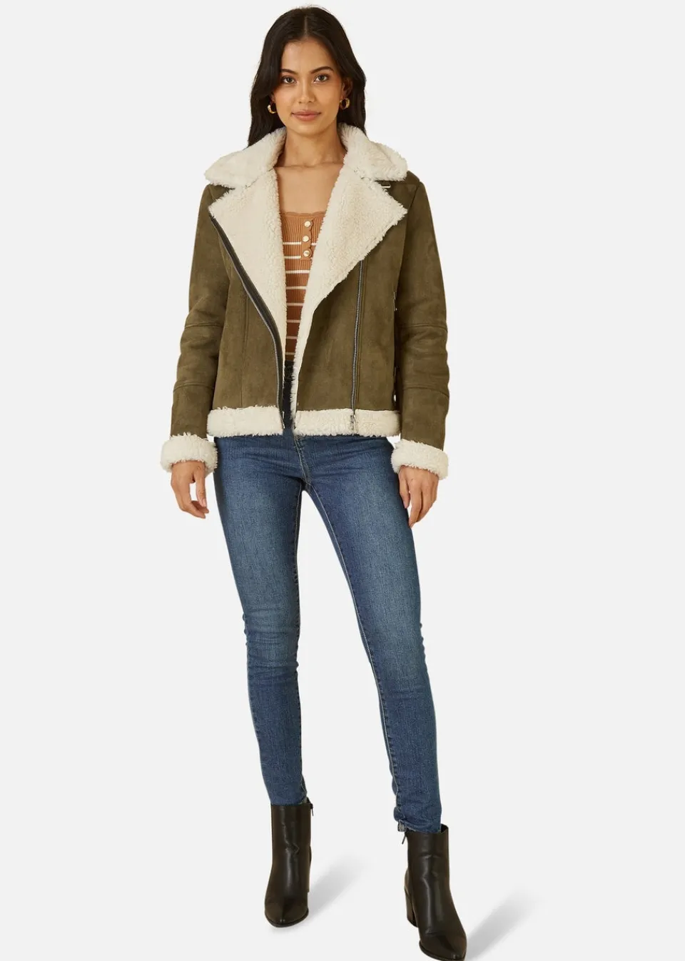 Coats & Jackets>Yumi Green Faux Suede & Shearling Biker Jacket