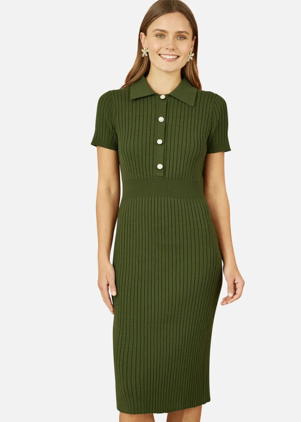 Knitwear>Yumi Green Fitted Rib Knitted Midi Dress With Daisy Buttons