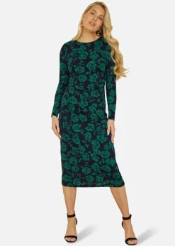 Dresses>Yumi Green Floral Fitted Mesh Midi Dress With Long Sleeves