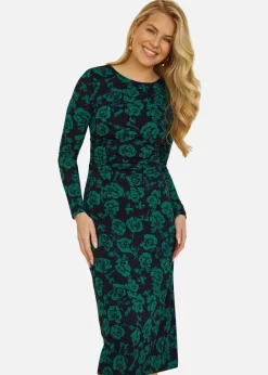 Dresses>Yumi Green Floral Fitted Mesh Midi Dress With Long Sleeves
