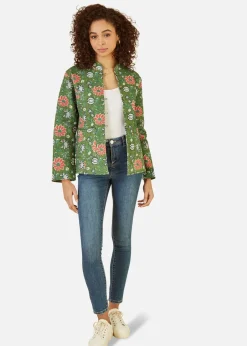 Coats & Jackets>Yumi Green Floral Print Reversible Cotton Cropped Quilted Jacket