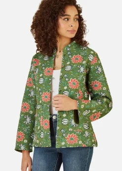 Coats & Jackets>Yumi Green Floral Print Reversible Cotton Cropped Quilted Jacket