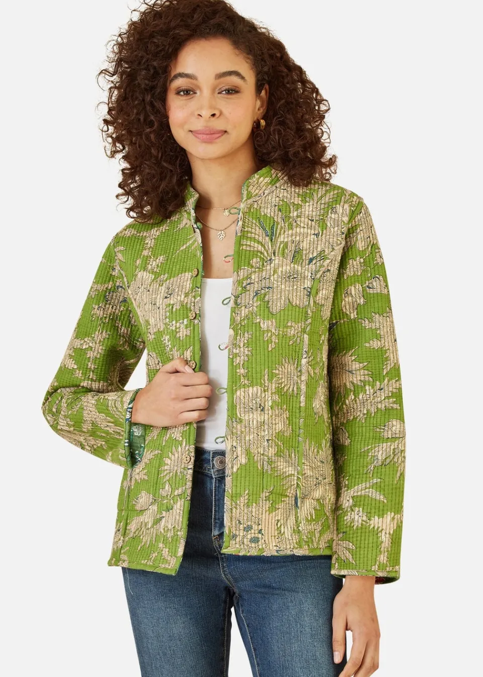 Coats & Jackets>Yumi Green Floral Print Reversible Cotton Cropped Quilted Jacket