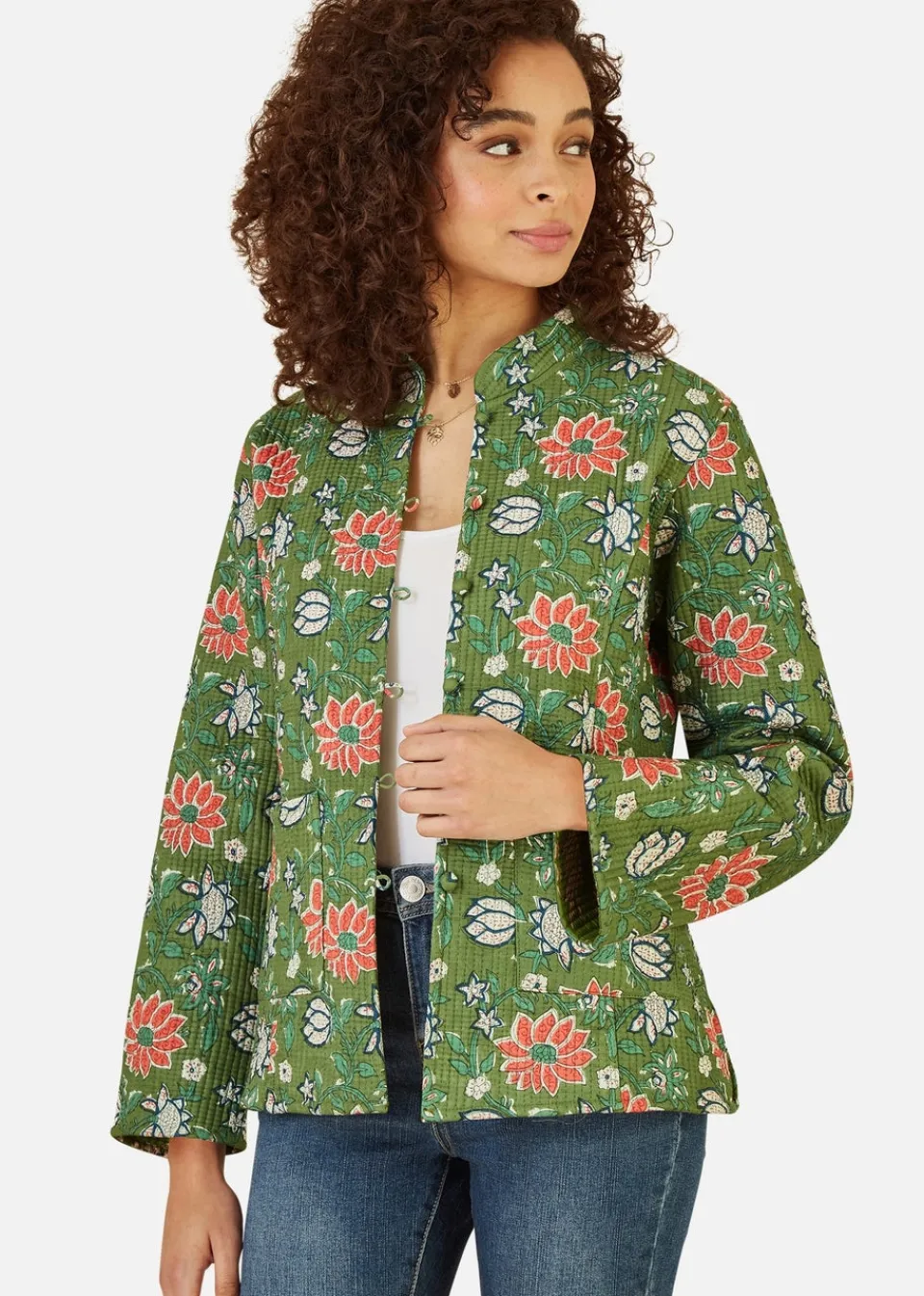 Coats & Jackets>Yumi Green Floral Print Reversible Cotton Cropped Quilted Jacket