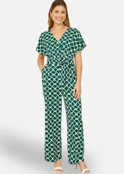Jumpsuits & Playsuits>Yumi Green Geometric Print Wrap Jumpsuit