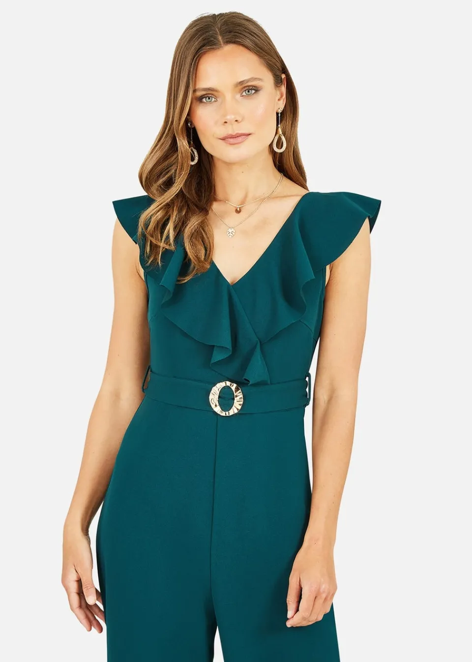 Jumpsuits & Playsuits>Yumi Green Jumpsuit With Gold Buckle & Frill Detail