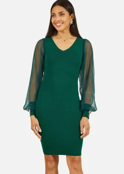 Dresses>Yumi Green Knitted Body Con Dress With Chiffon Sleeve