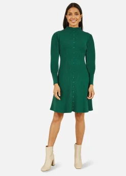 Dresses>Yumi Green Knitted Button Up Midi Dress With Balloon Sleeves