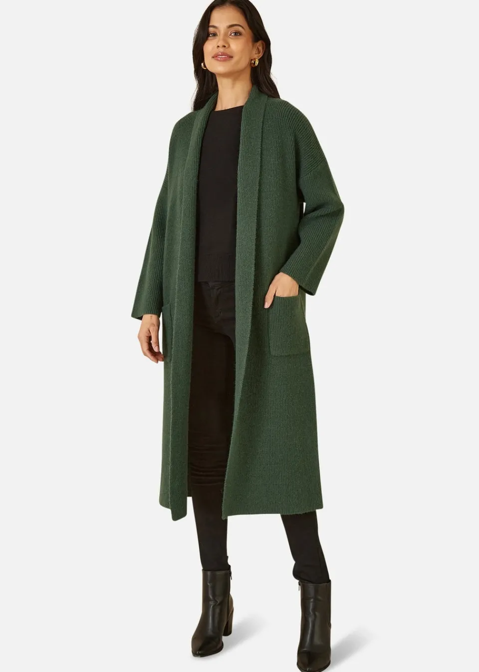 Tops>Yumi Green Knitted Maxi Cardigan With Pockets