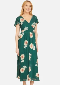 Dresses>Yumi Green Mesh Flower Wrap Midi Dress With Pockets