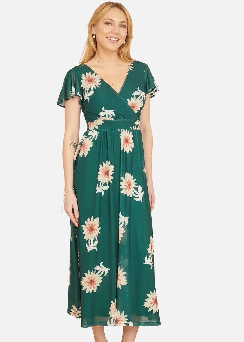 Dresses>Yumi Green Mesh Flower Wrap Midi Dress With Pockets