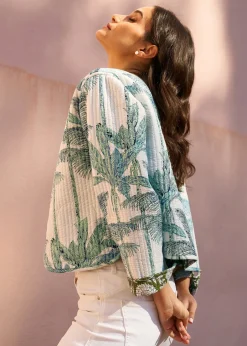 Coats & Jackets>Yumi Green Palm Reversible Cotton Quilted Jacket