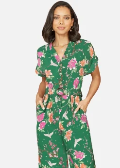 Jumpsuits & Playsuits>Yumi Green Recycled Crane Print Jumpsuit With Matching Belt