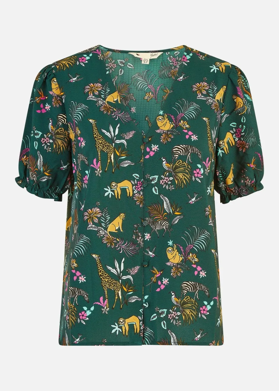 Tops>Yumi Green Recycled Fabric Safari Animal Print Shirt