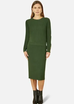 Tops>Yumi Green Rib Knitted Jumper With Sleeve Button Detail