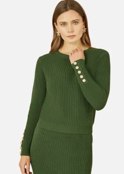 Tops>Yumi Green Rib Knitted Jumper With Sleeve Button Detail