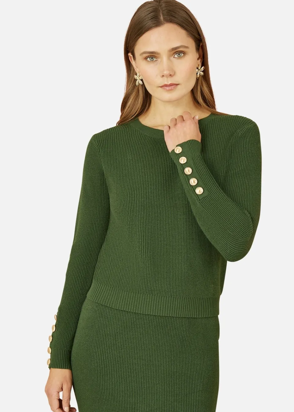 Tops>Yumi Green Rib Knitted Jumper With Sleeve Button Detail