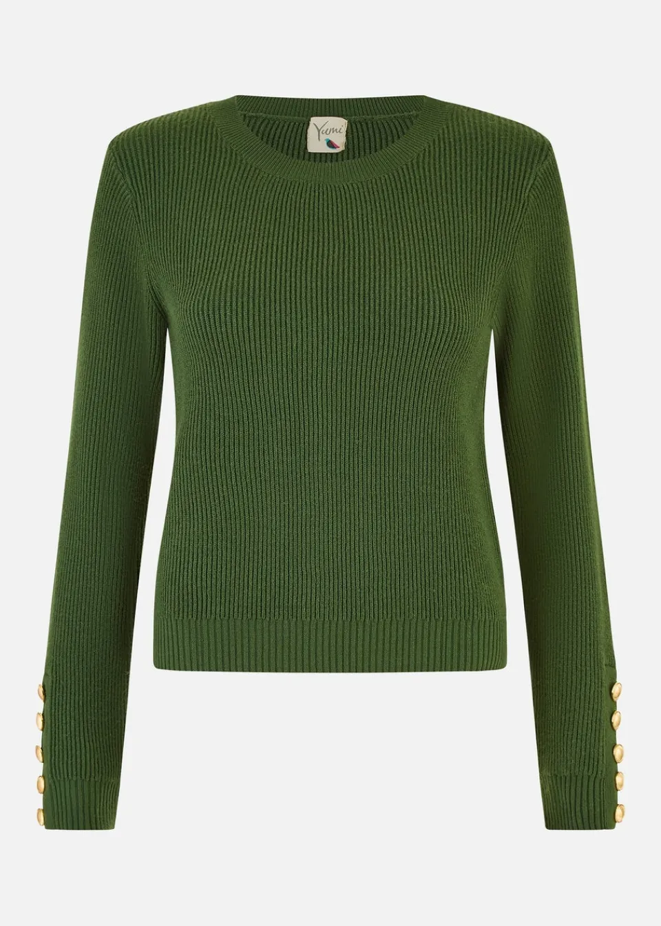 Tops>Yumi Green Rib Knitted Jumper With Sleeve Button Detail