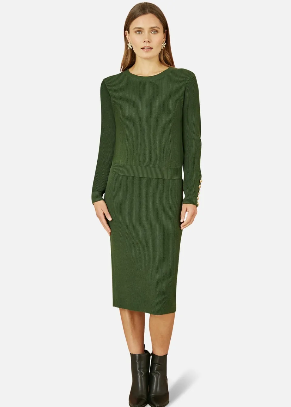Tops>Yumi Green Rib Knitted Jumper With Sleeve Button Detail