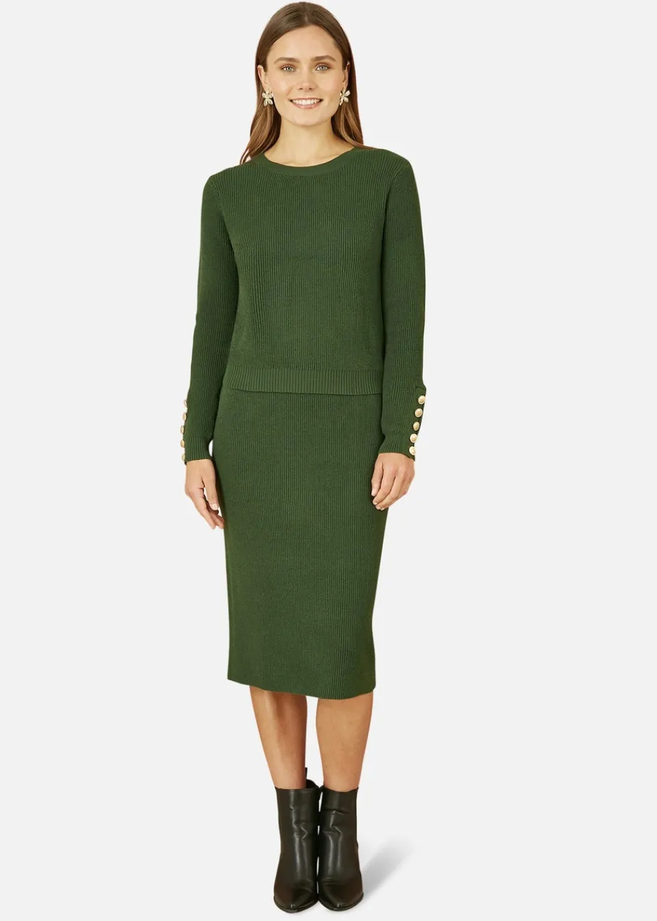 Skirts>Yumi Green Rib Knitted Midi Column Skirt