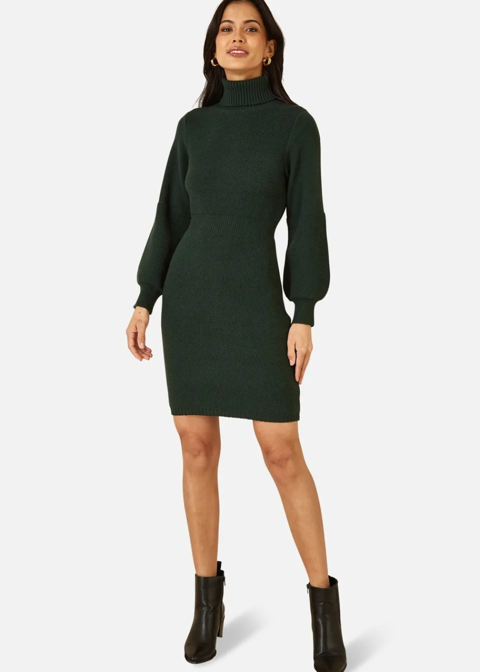 Knitwear>Yumi Green Roll Neck Knitted Dress With Fitted Waist