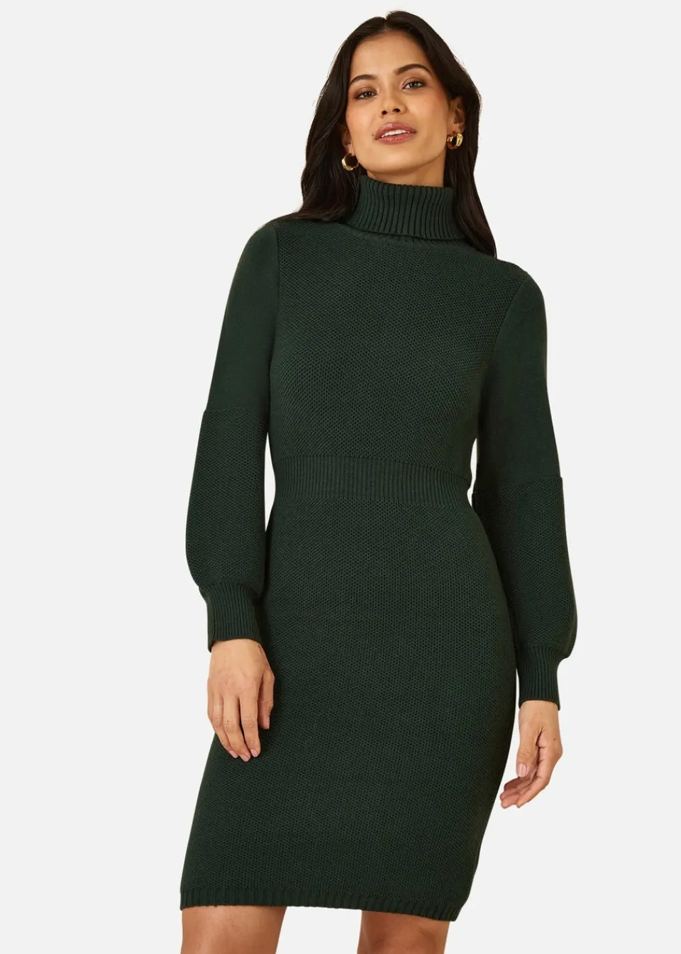 Knitwear>Yumi Green Roll Neck Knitted Dress With Fitted Waist