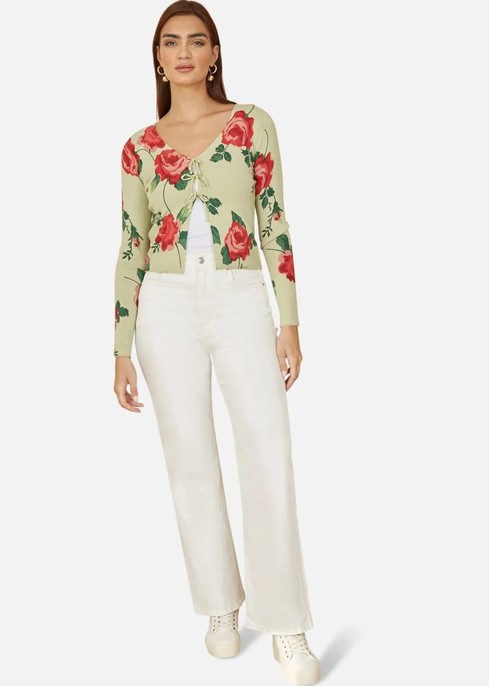 Blouses & Shirts>Yumi Green Rose Print Cardigan With Tie Front
