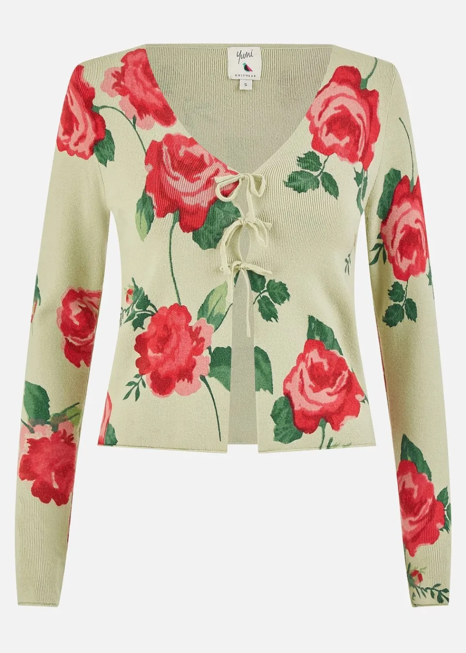 Blouses & Shirts>Yumi Green Rose Print Cardigan With Tie Front