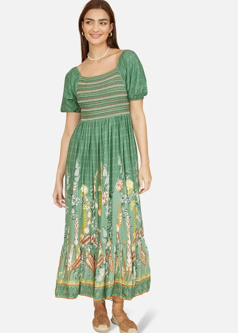 Dresses>Yumi Green Ruched Leaf Print Maxi Dress With Puff Sleeves