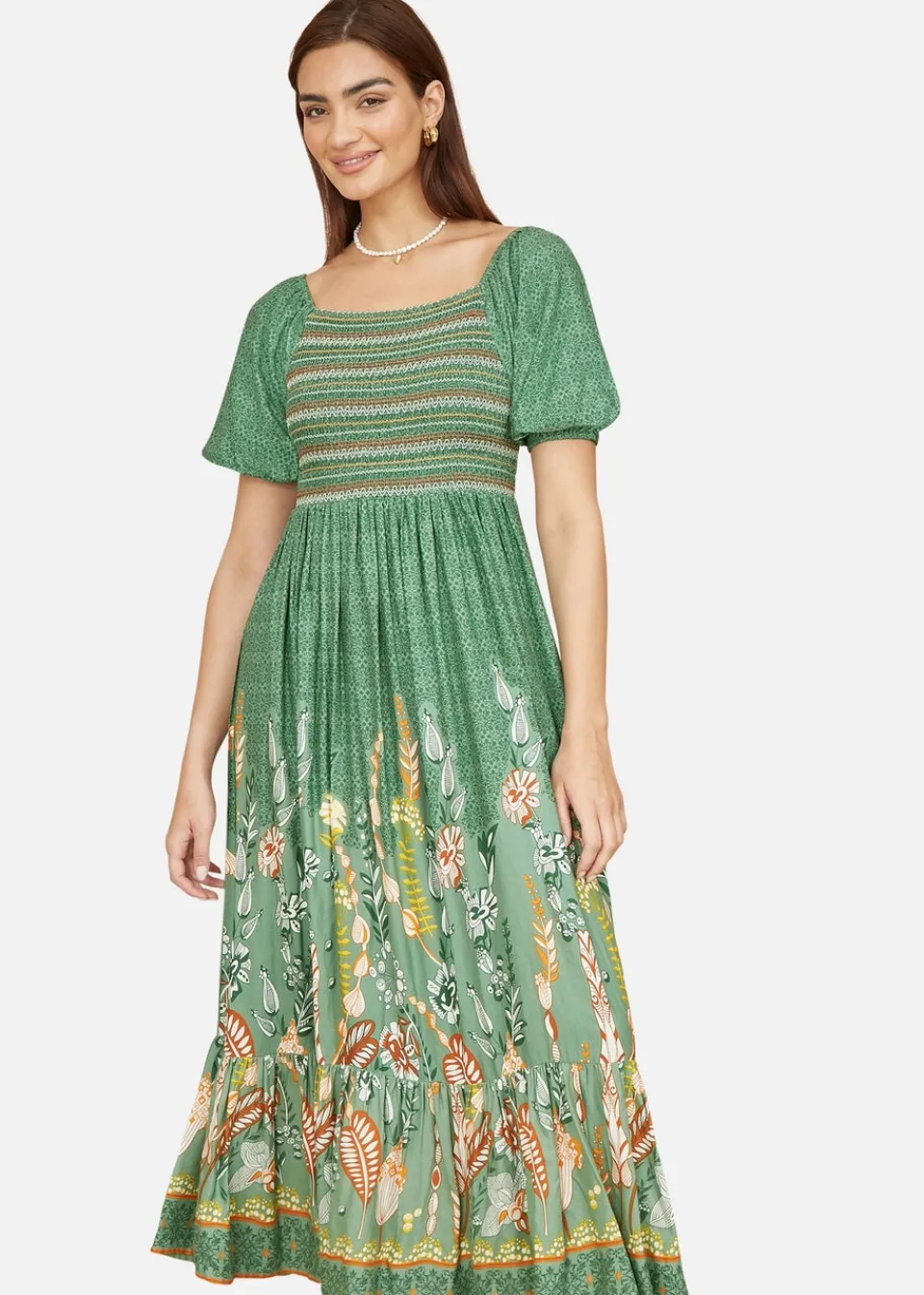 Dresses>Yumi Green Ruched Leaf Print Maxi Dress With Puff Sleeves