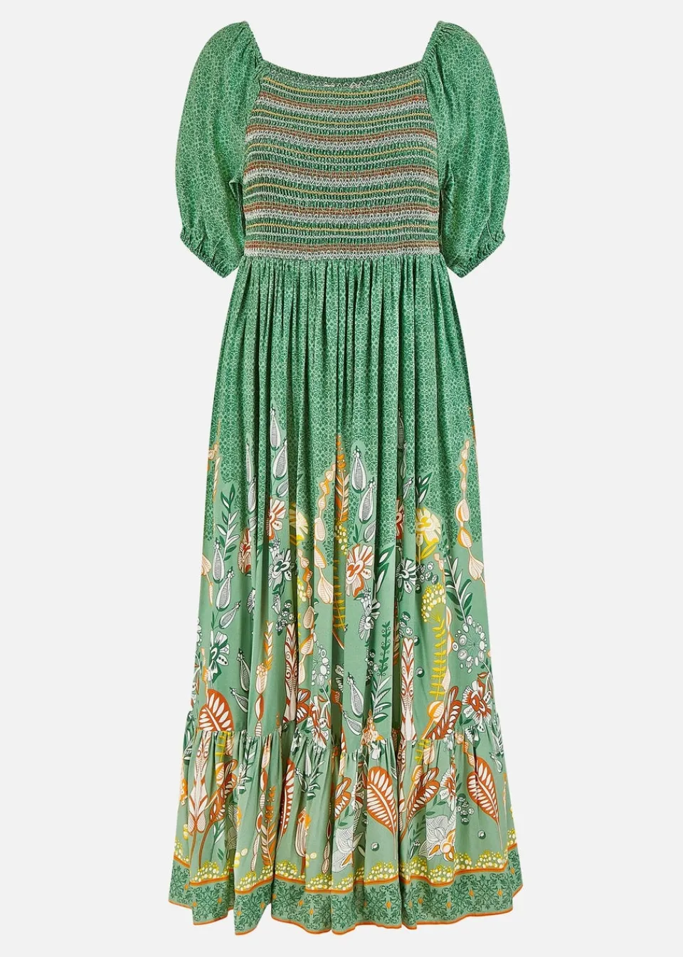Dresses>Yumi Green Ruched Leaf Print Maxi Dress With Puff Sleeves