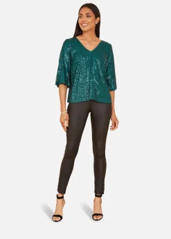 Tops>Yumi Green Sequin Top With Fluted Sleeve