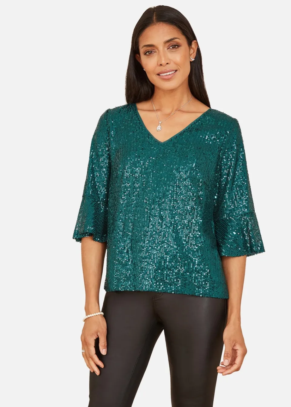 Tops>Yumi Green Sequin Top With Fluted Sleeve