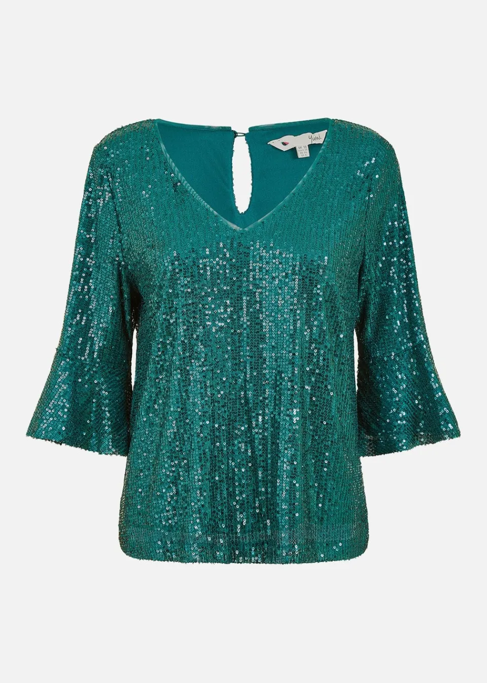 Tops>Yumi Green Sequin Top With Fluted Sleeve